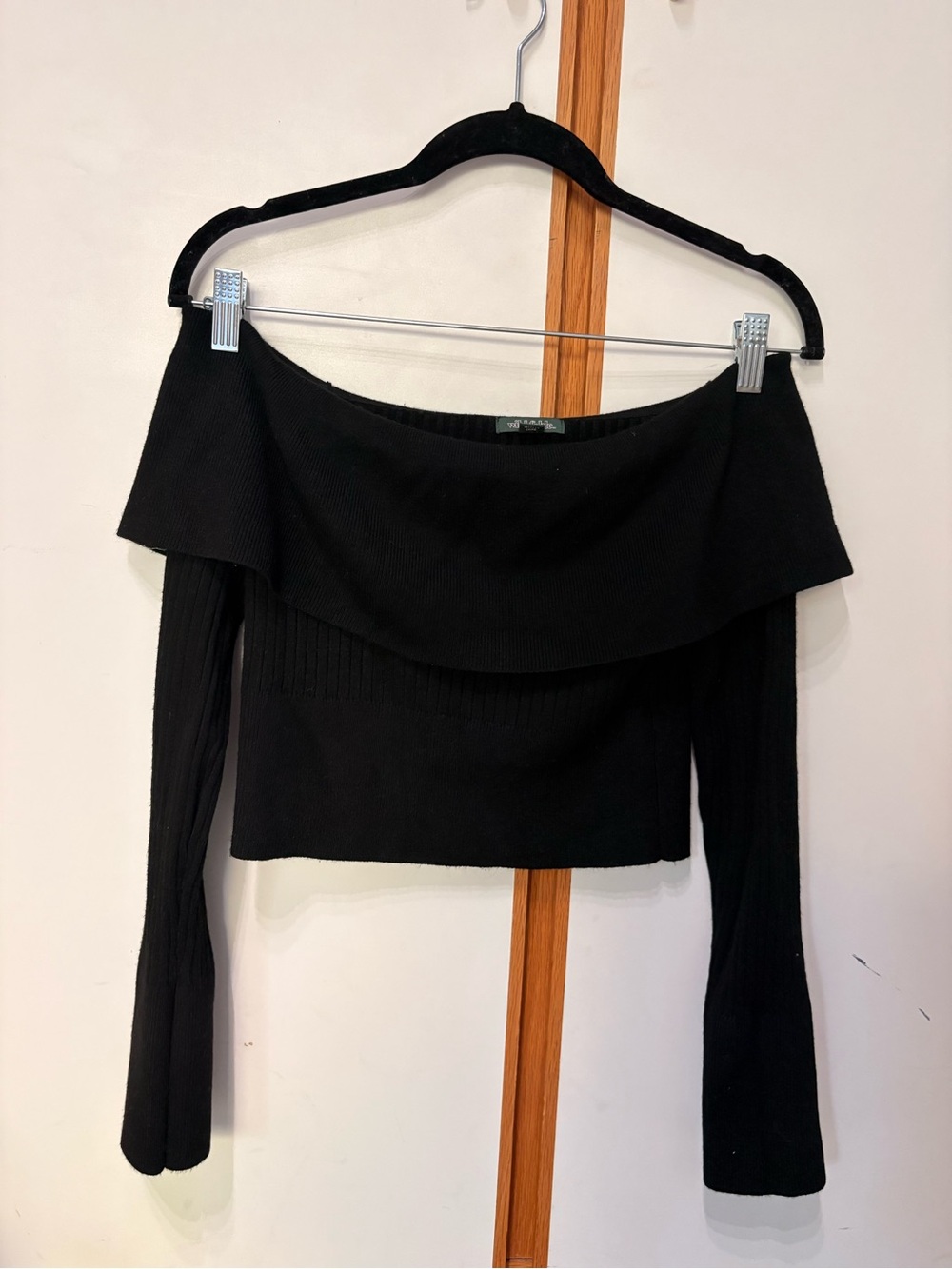 Black Off-The-Shoulder Crop Long Sleeve Top
